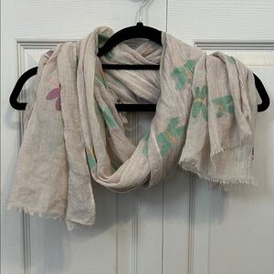 Tan Nude Beige Colorful Dragonfly Print Scarf Painted Eyelash Fringe Neutral